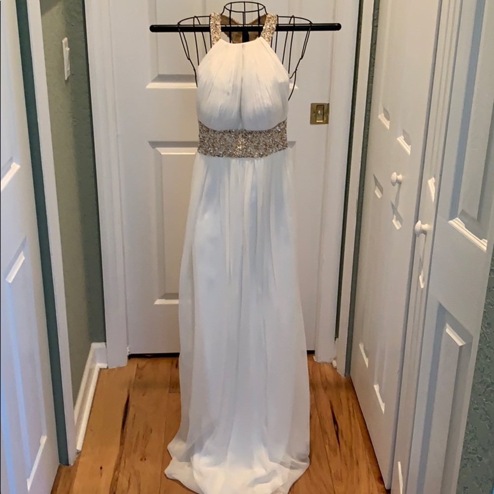 Aidan Mattox Gown White Silk Chiffon with Beading.